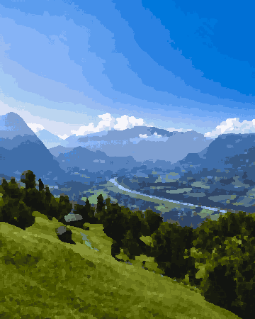 A view from the top of a mountain in Switzerland, with lush green grass, trees, and houses below, and a winding road snaking through the landscape, pixel art