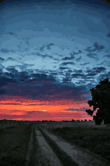 A dirt road in the middle of a field at sunset, with a tree on the right side and a fence on the left side, pixel art