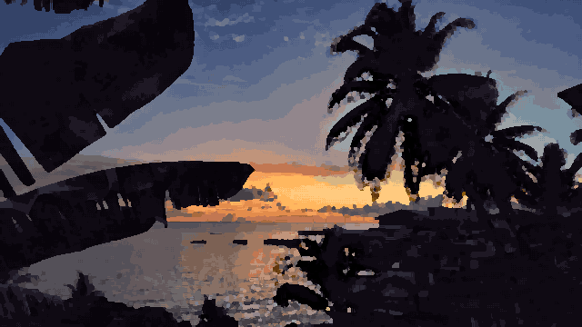 Tropical Ocean Sunset Silhouette — pixel art version