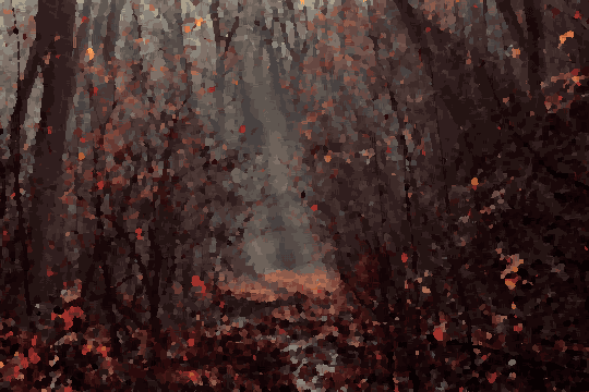 A path winding through a wooded area with trees and leaves on the ground, pixel art