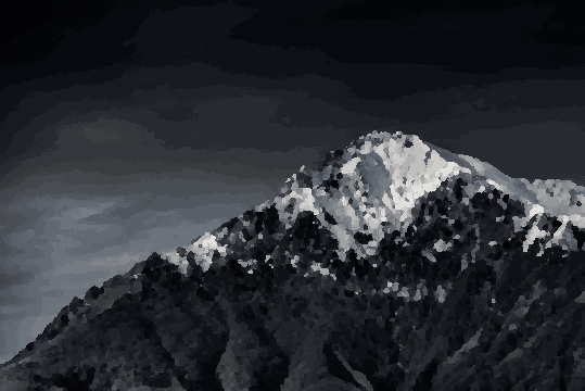 A snow-covered mountain with a dark sky in the background, pixel art