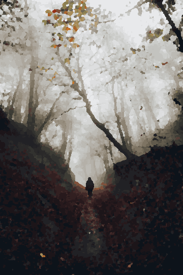 Silhouette Fog Forest Walking Path — pixel art version