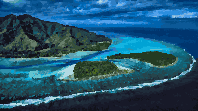 Aerial Island Landscape With Blue Ocean — pixel art version