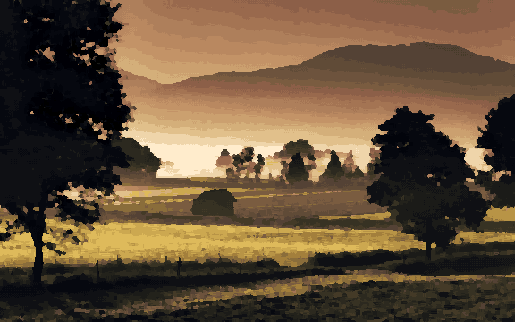 Forest Sunset With Fence And Hills — pixel art version