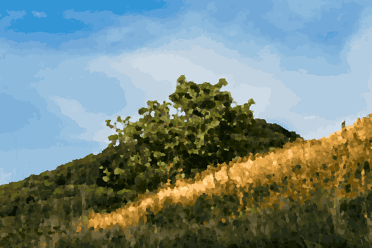 A grassy hillside with a tree in the middle of it, surrounded by lush green grass and a bright blue sky in the background, pixel art