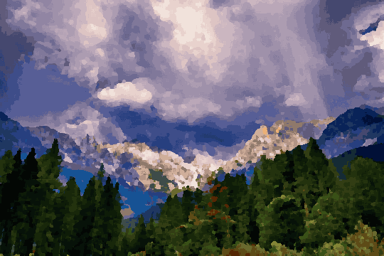 A majestic mountain range with lush green trees in the foreground and snow-capped peaks in the background, pixel art