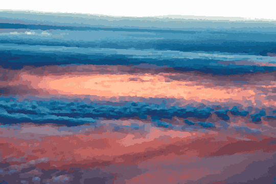 A beautiful sunset from an airplane window, with the sky filled with fluffy white clouds illuminated by the warm orange and pink hues of the setting s, pixel art