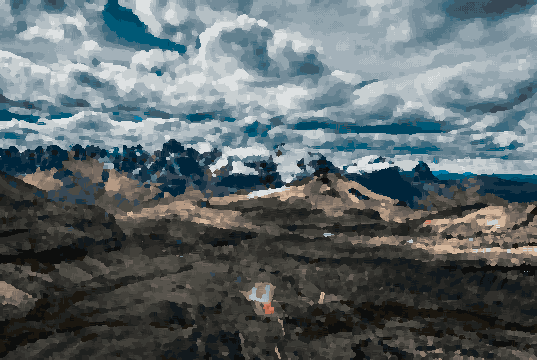 An aerial view of a mountain range with snow-capped peaks, a winding road snaking through the landscape, and a sky filled with clouds, pixel art