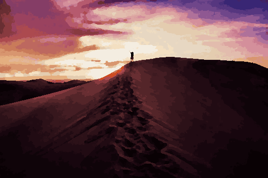 Man Standing On Sand Dune At Sunset — pixel art version