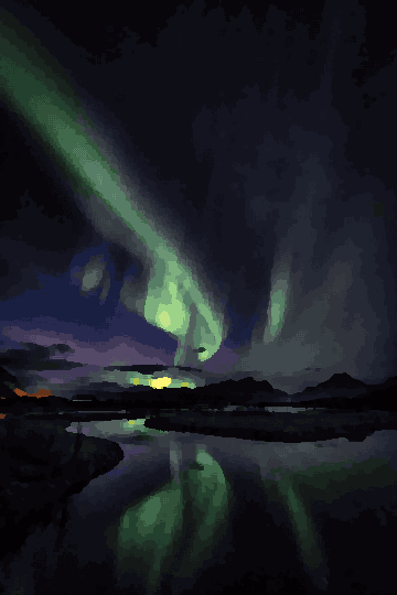 Aurora Borealis Over Mountains At Night — pixel art version