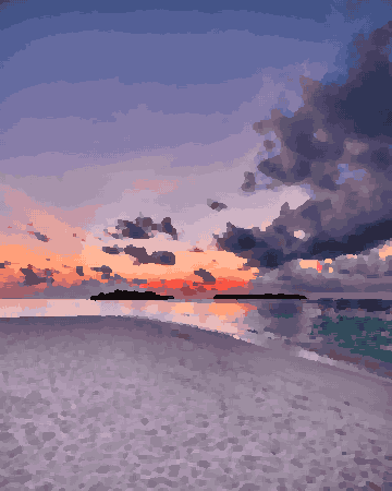 A beautiful sunset over the ocean with a small island in the distance, pixel art