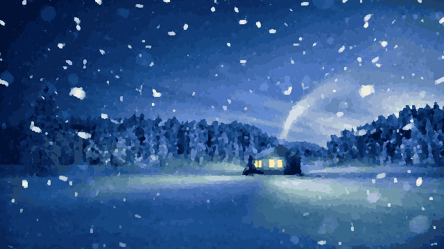 Snowy Cabin At Night — pixel art version