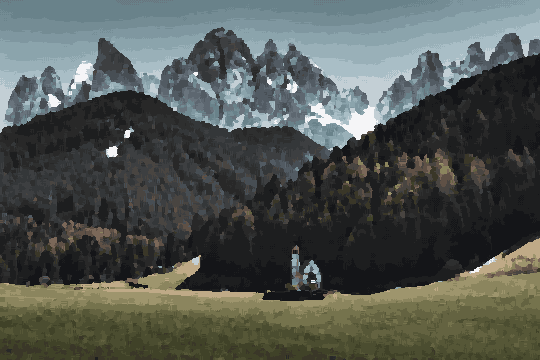 A small church in the middle of a lush green field surrounded by trees and hills, with snow-capped mountains in the background and a clear blue sky ab, pixel art