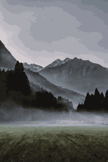 A black and white photo of a mountain range with trees in the foreground and a sky in the background, pixel art