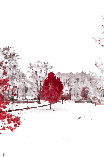 Red Tree In Snowy Park Setting — pixel art version