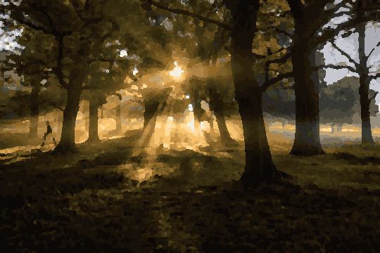 Sunrise Sunbeams Through Woods At Dawn — pixel art version