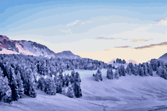 Snowy Fir Trees In Mountain Landscape pixel art wallpaper
