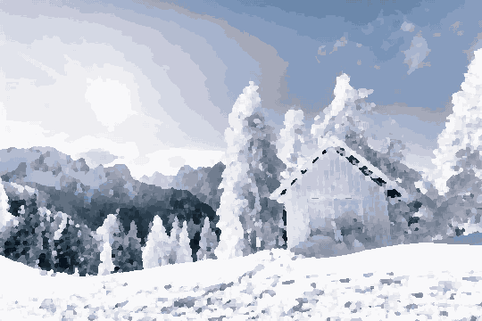 A white barn nestled in the middle of a snowy mountain range, surrounded by trees covered in a blanket of snow, pixel art
