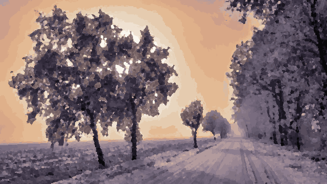 A snowy road with trees in the middle of it, surrounded by a blanket of snow, pixel art