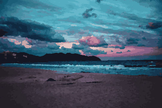 A beach at sunset with the ocean in the foreground and mountains in the background, pixel art