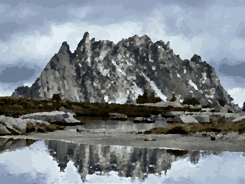 A mountain with a body of water in the foreground, surrounded by rocks, grass, and trees, pixel art