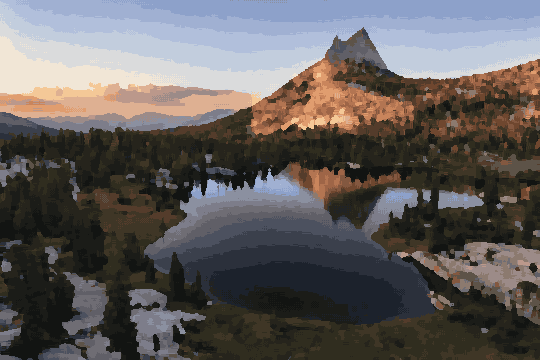 A small lake in the middle of a mountain range at sunset, surrounded by trees, grass, rocks, and hills, pixel art