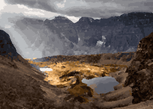 Lake In Mountain Range With Clouds — pixel art version