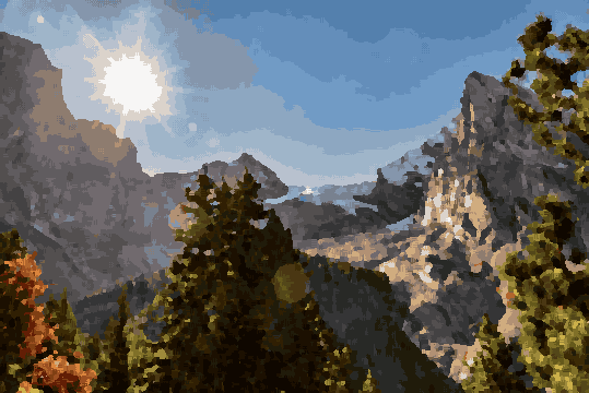 A breathtaking view of the Swiss Alps in autumn, with the sun shining through the trees and mountains in the background, pixel art