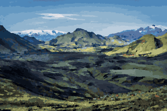 Iceland Valley With Cloudy Mountain Backdrop pixel art wallpaper