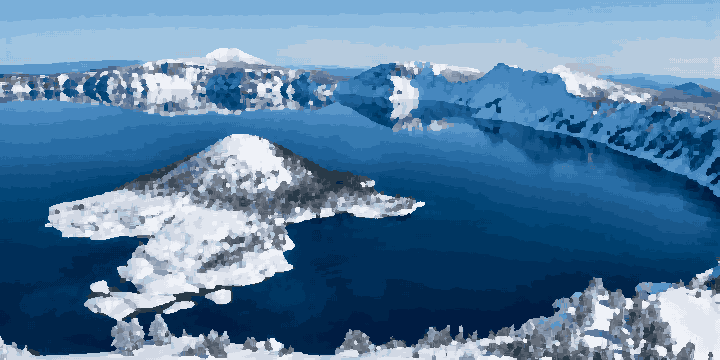 Crater Lake National Park in Oregon, with its deep blue water surrounded by snow-covered mountains and trees, and a clear blue sky above, pixel art