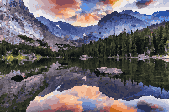 A stunning sunset over a mountain lake in the Rocky Mountains of Colorado, pixel art