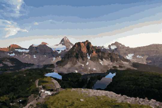 A breathtaking view of a mountain range with a lake in the foreground, surrounded by lush green grass, trees, and snow-capped peaks, pixel art