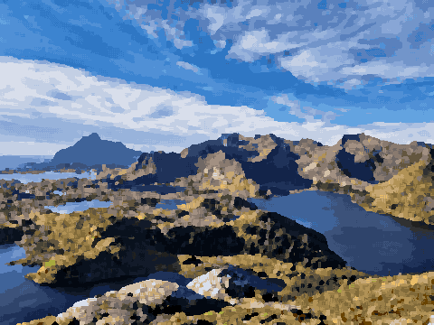 Norwegian Mountain Panorama With Lake And Clouds — pixel art version