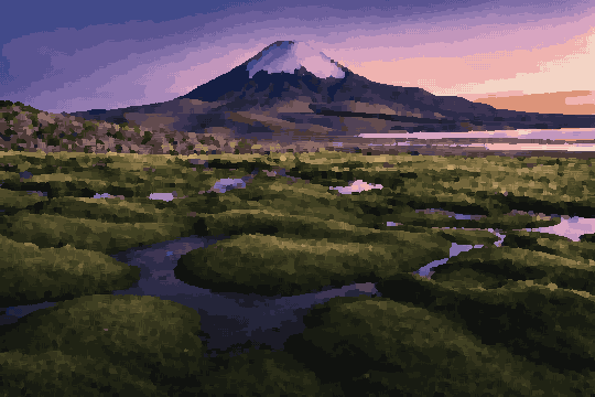 Snowy Mountain Sunset Over Grassy Field — pixel art version