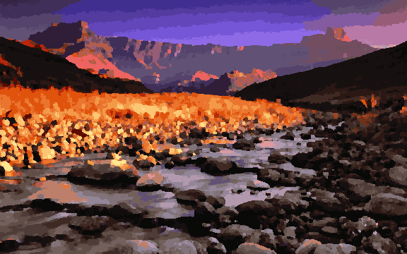 Sunset Over Drakensberg River Valley — pixel art version