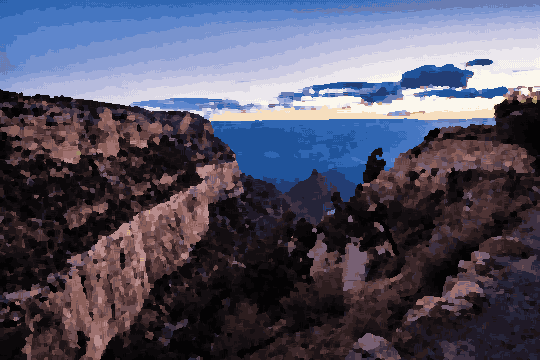 A breathtaking view of the Grand Canyon at sunset, with the sky in the background filled with clouds, pixel art