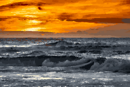 A beautiful sunset over the ocean with waves crashing on the shore, pixel art