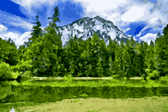Mountain Landscape With Trees And Pond — pixel art version