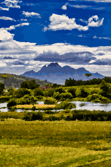 A river running through a lush green field with mountains in the background, pixel art
