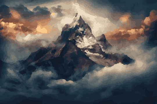 Snowy Mountain Peak Amidst Fluffy White Clouds — pixel art version