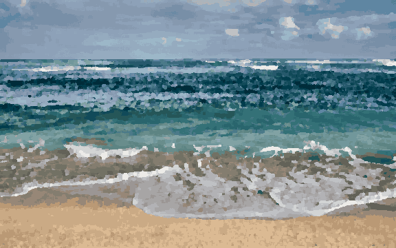 A beach with waves crashing onto the sand and a cloudy sky in the background, pixel art