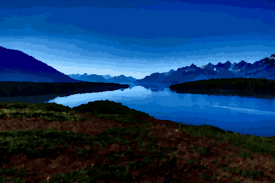A stunning view of a lake surrounded by lush green grass and majestic mountains in the background, illuminated by the night sky, pixel art
