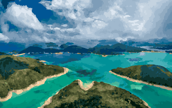 An aerial view of a small island in the middle of a body of water, surrounded by lush green trees and rolling hills, pixel art