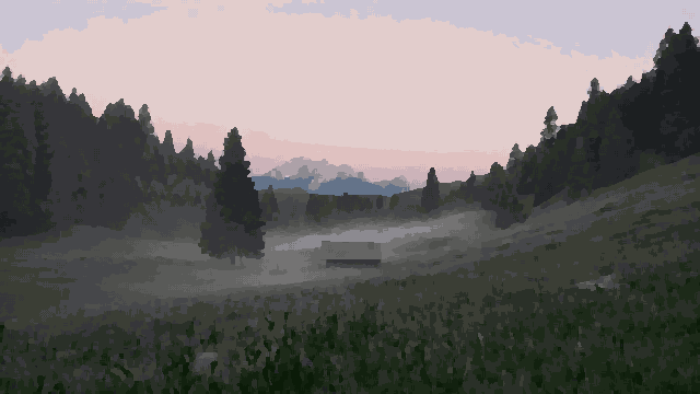 Forest Glade With Bench And Fog — pixel art version
