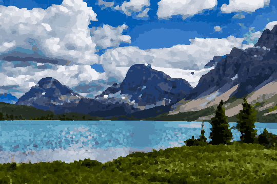 Snow-Capped Mountains Over Lush Green Lake — pixel art version