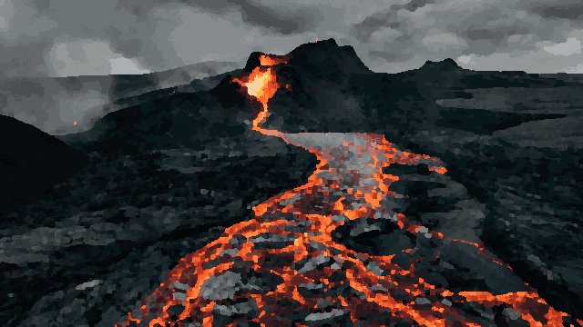 An aerial view of a volcano with lava flowing into the ocean at night, pixel art