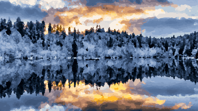A beautiful winter sunset over a lake with snow covered trees in the background, pixel art
