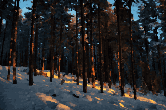 A winter scene of a snowy forest with the sun shining through the trees, creating a beautiful contrast between the white snow and the blue sky, pixel art