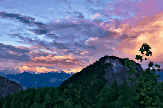 A breathtaking view of the mountains from the top of a hill at sunset, pixel art
