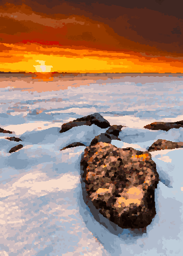 Snow-Covered Rocks At Sunset Horizon pixel art wallpaper